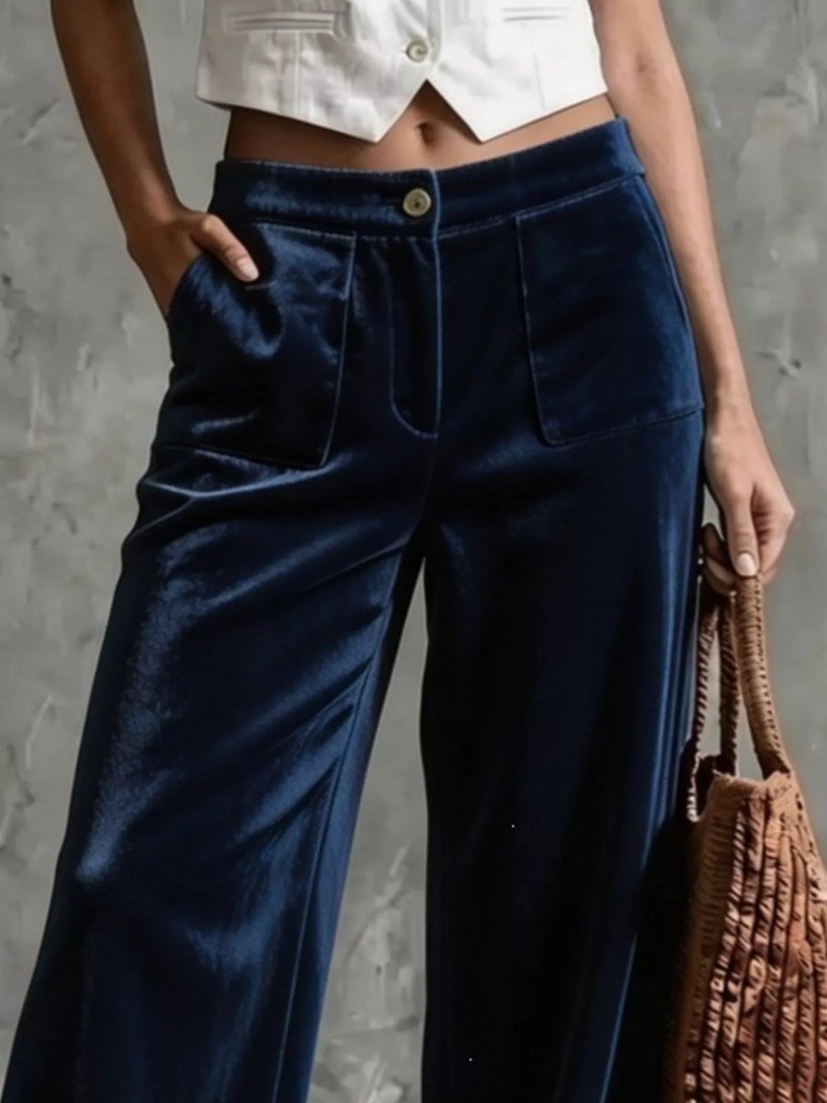 Women's Velvet Wide-Leg Pants in navy — waist detail view