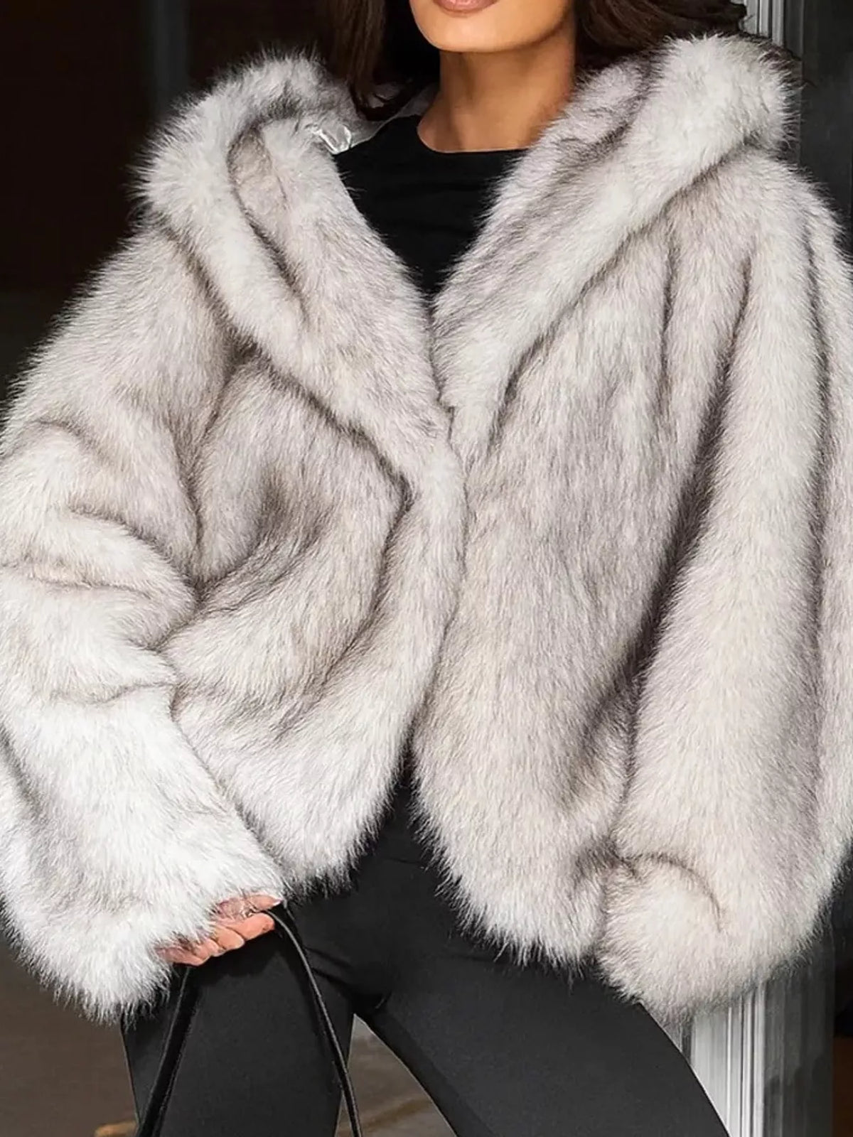 Faux Fur Hooded Coat, detail view in white