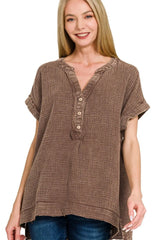 Trendsi Zenana Washed Double Gauze 3/4 Button Henley Neck Shirt -