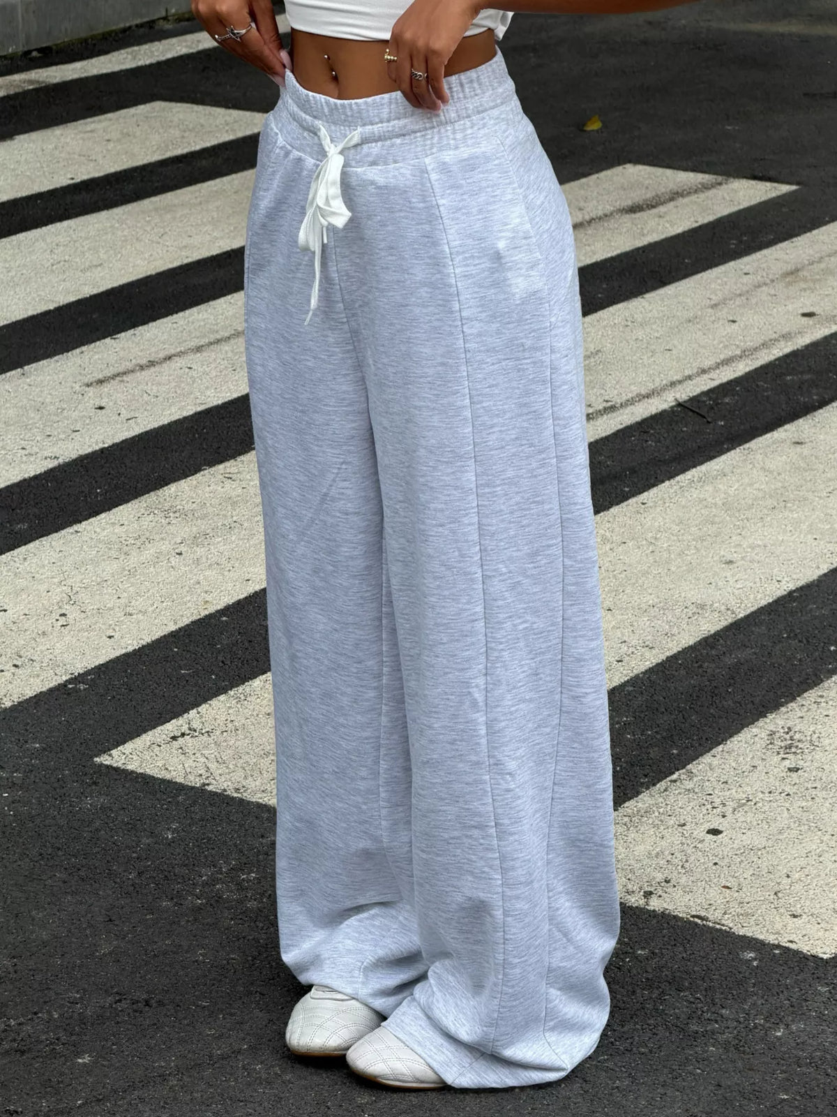 Drawstring Wide-Leg Pants in gray, front view