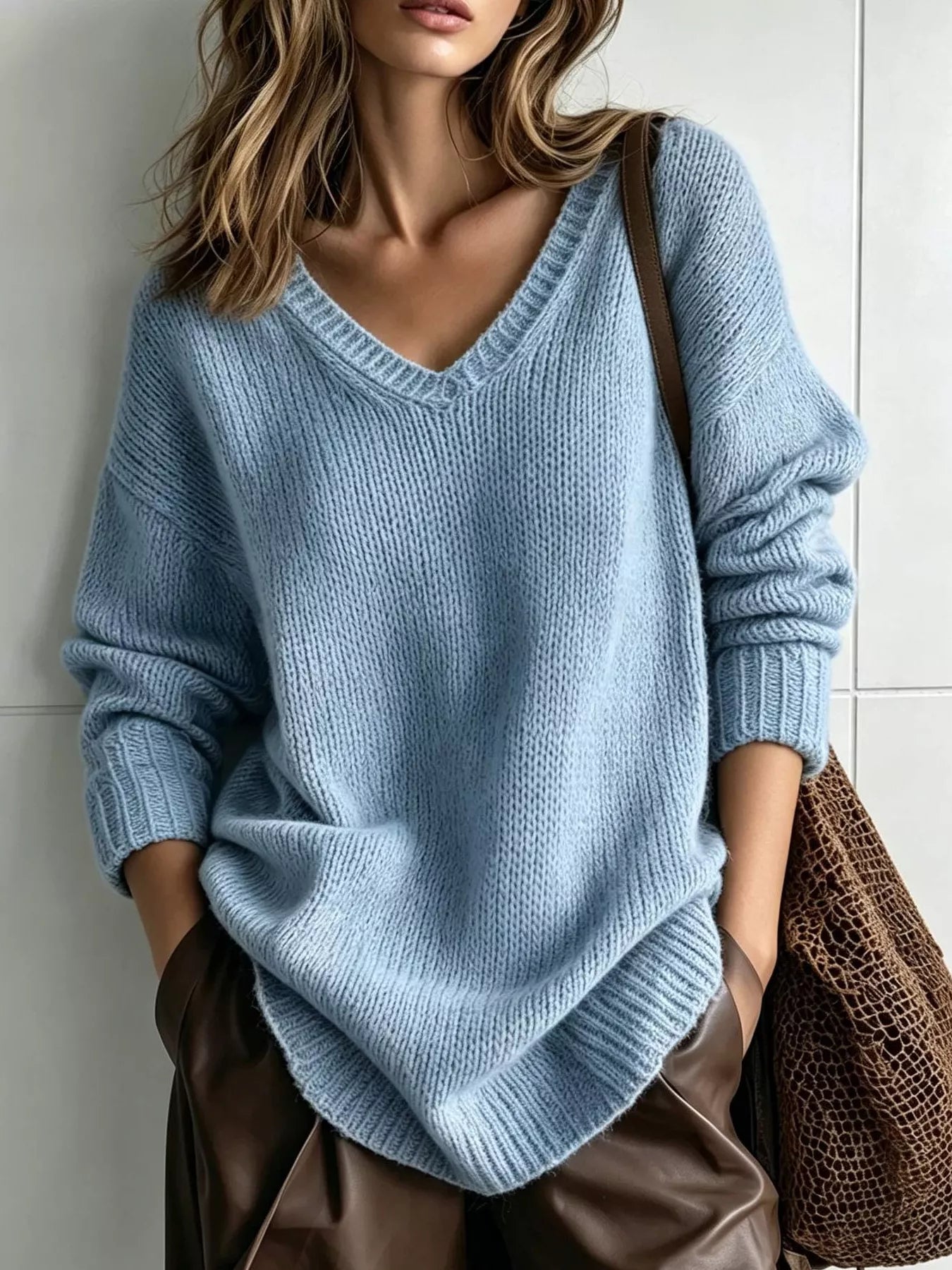 Trendsi V-Neck Dropped Shoulder Sweater -