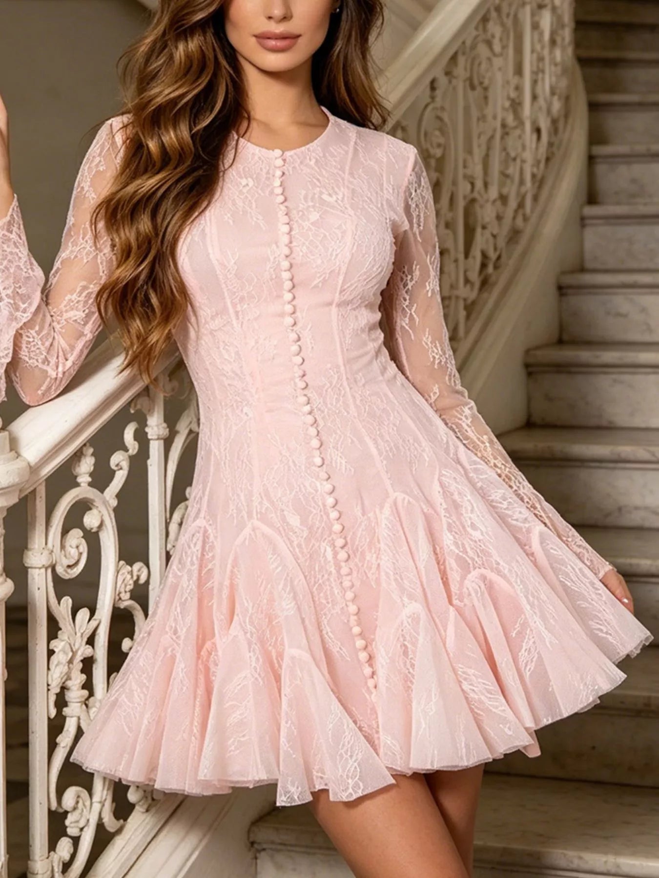 Trendsi Lace Flare Sleeve Mini Dress -