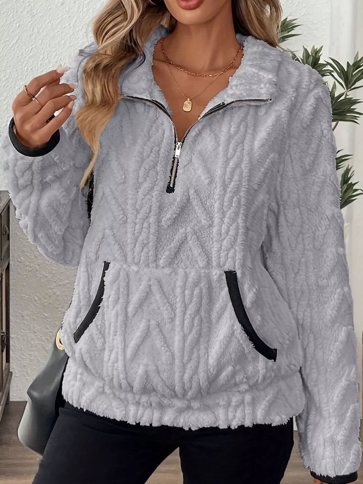 Women's Quarter-Zip Sherpa Sweatshirt in gray — front view