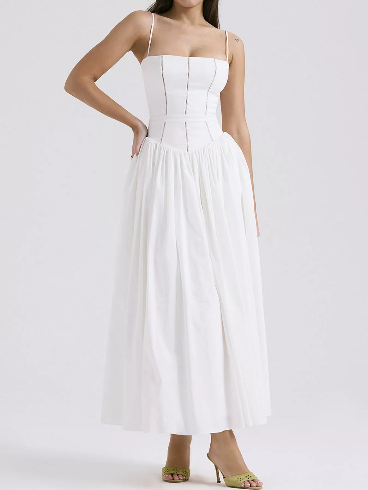 Women's Paneled Bodice Gathered Midi Dress in white — front view