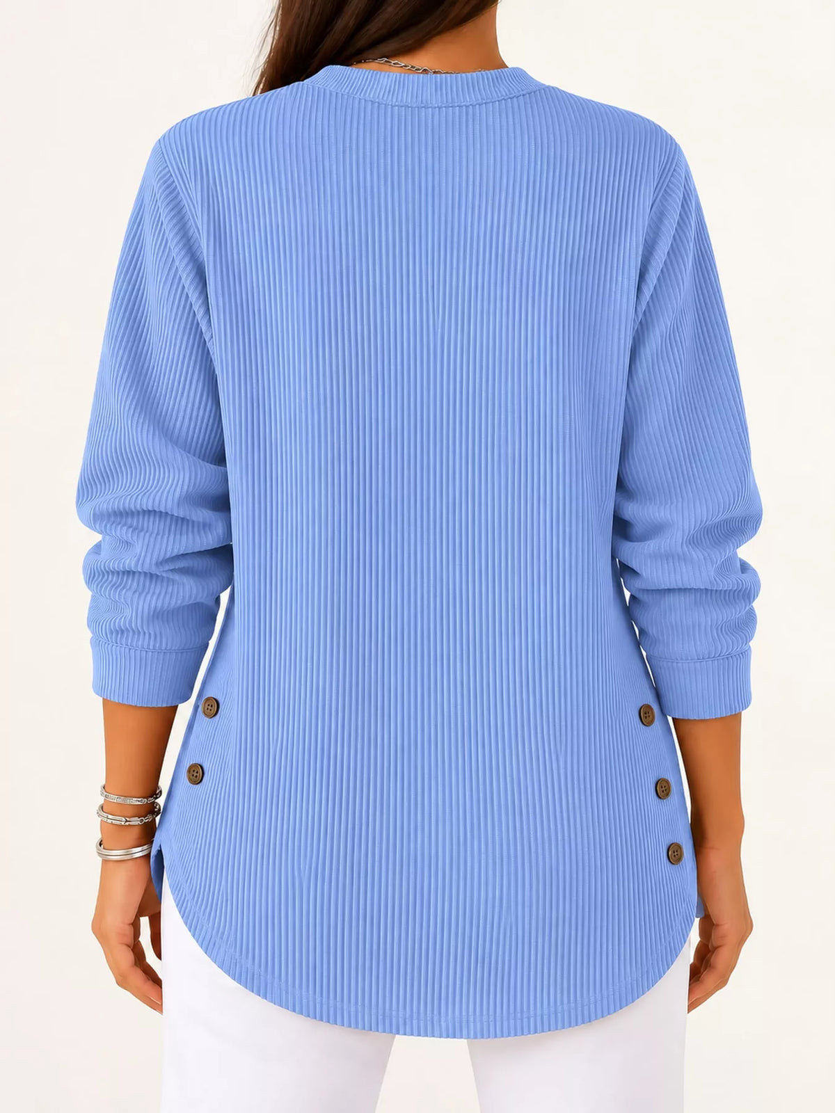 Light blue button detail long sleeve top, back view