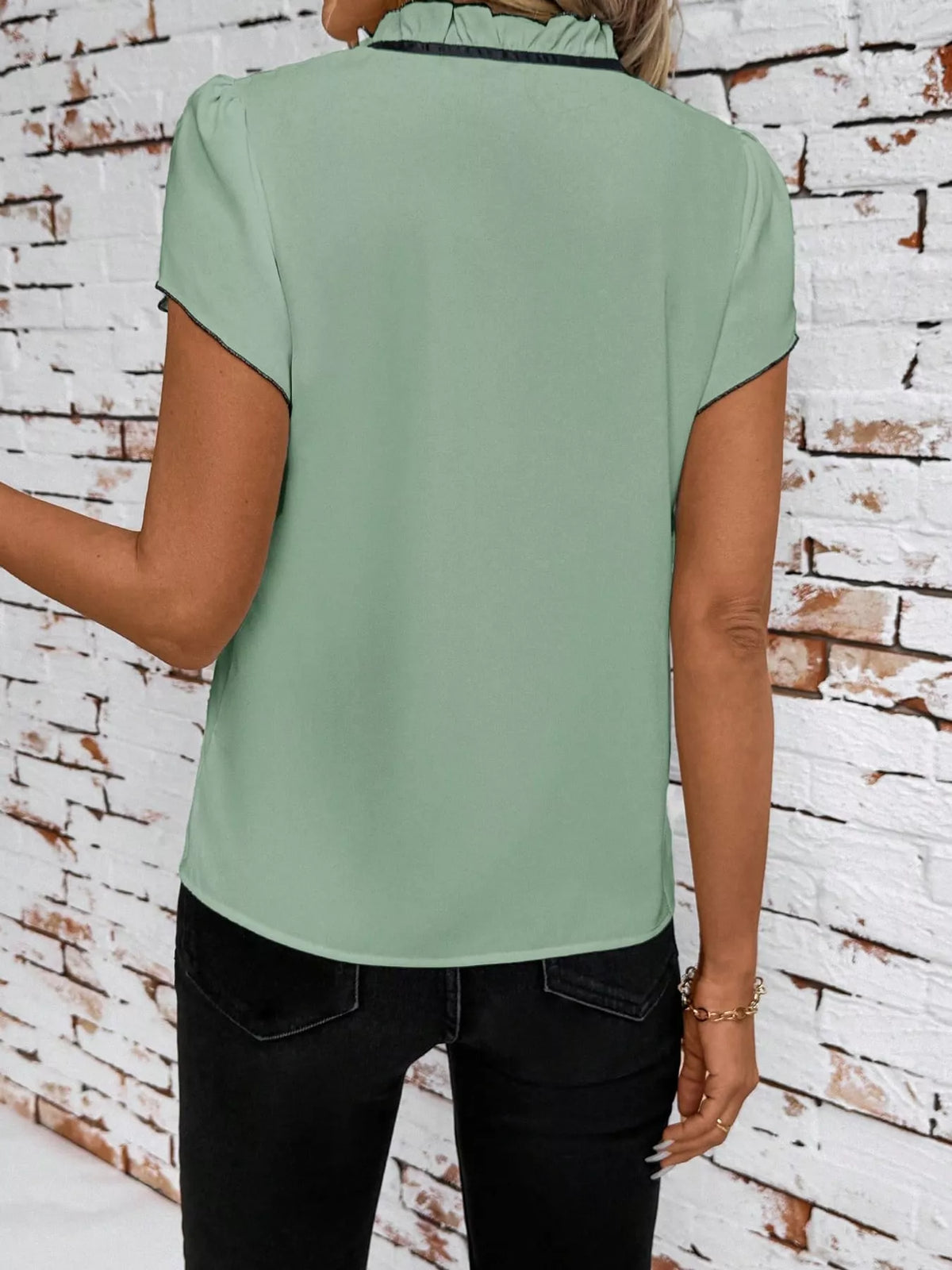 Contrast Trim Ruffle Sleeve Tie-Front Blouse, back view in green and black