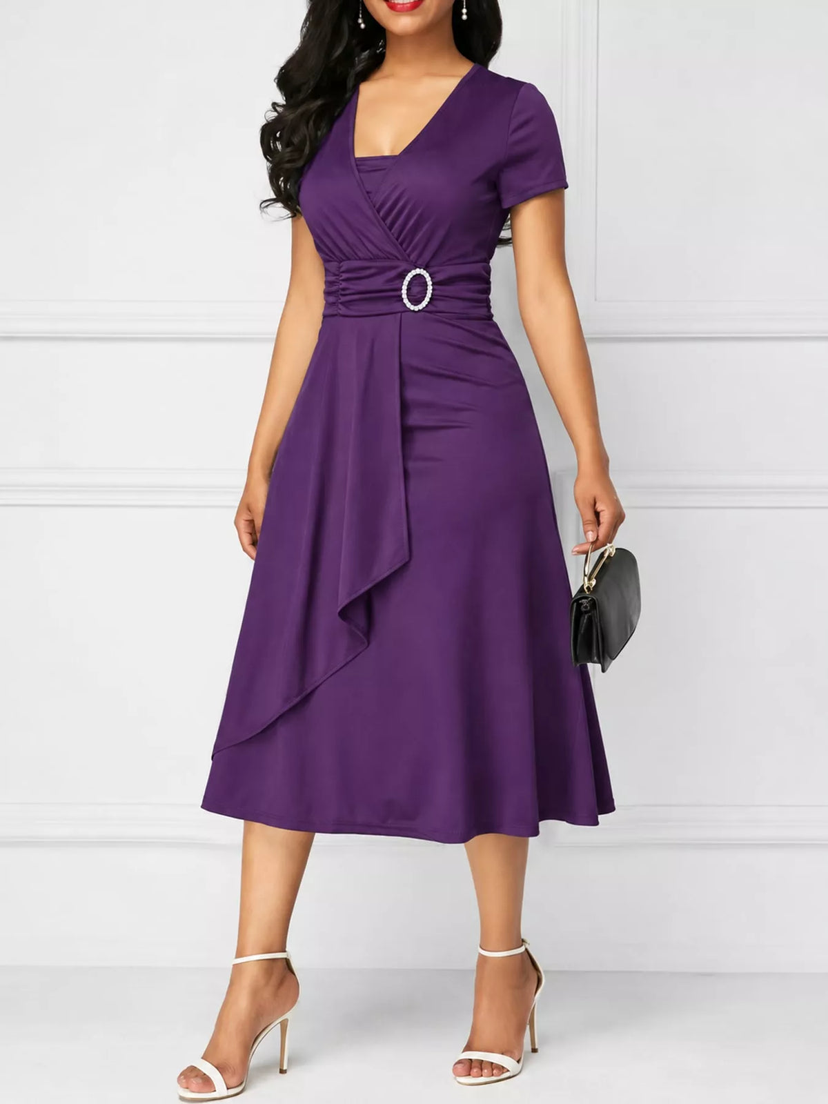 Decorative Buckle Short Sleeve Dress — front view