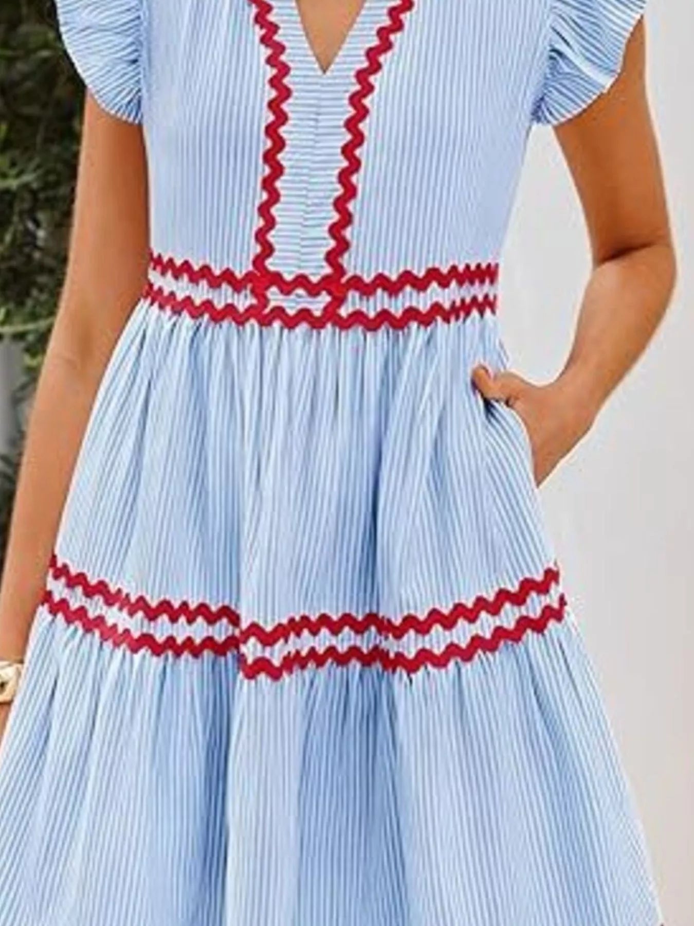 Trendsi Striped Ruffle Sleeve Tiered Dress -