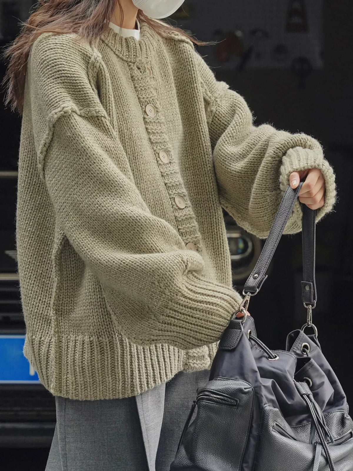 Oversized Chunky Knit Cardigan with Textured Button Placket in green