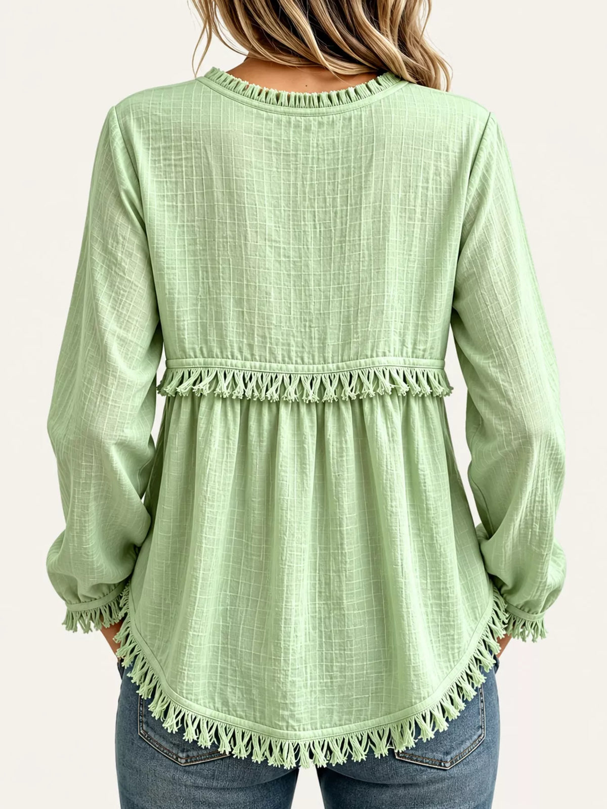 Fringe-trim blouse, light green back