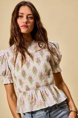 Trendsi SO ME Floral Cotton Smocked Short Sleeves Blouse -