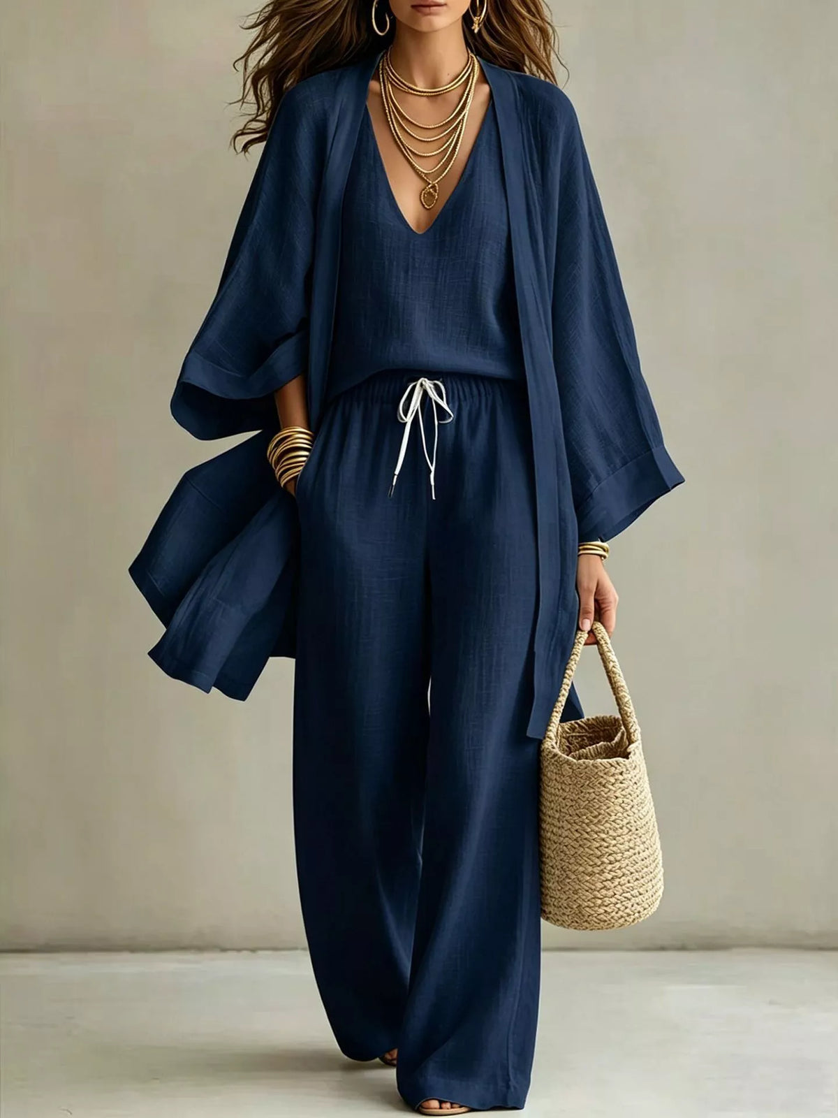 V-Neck Top, Cardigan and Pants Three-Piece Set in navy, front view