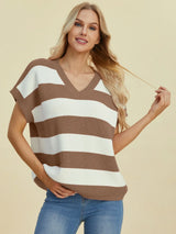 Trendsi Double Take Full Size Striped V-Neck Short Sleeve Sweater - Shirts