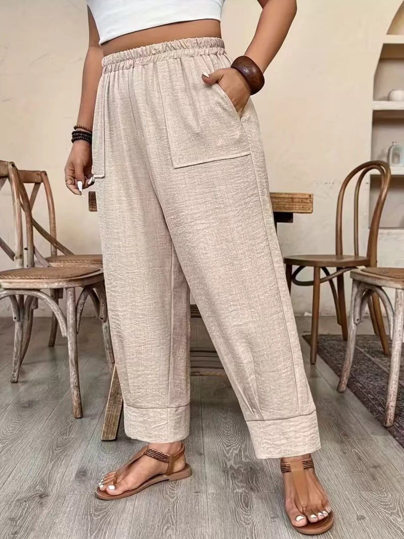 Trendsi Plus Size High-Waisted Elastic Waist Pants with Pockets -