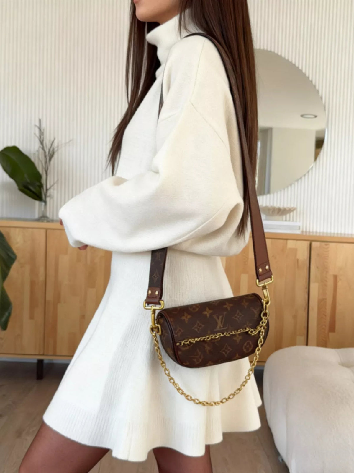 Cream mock neck knit top and flared skirt set, side view