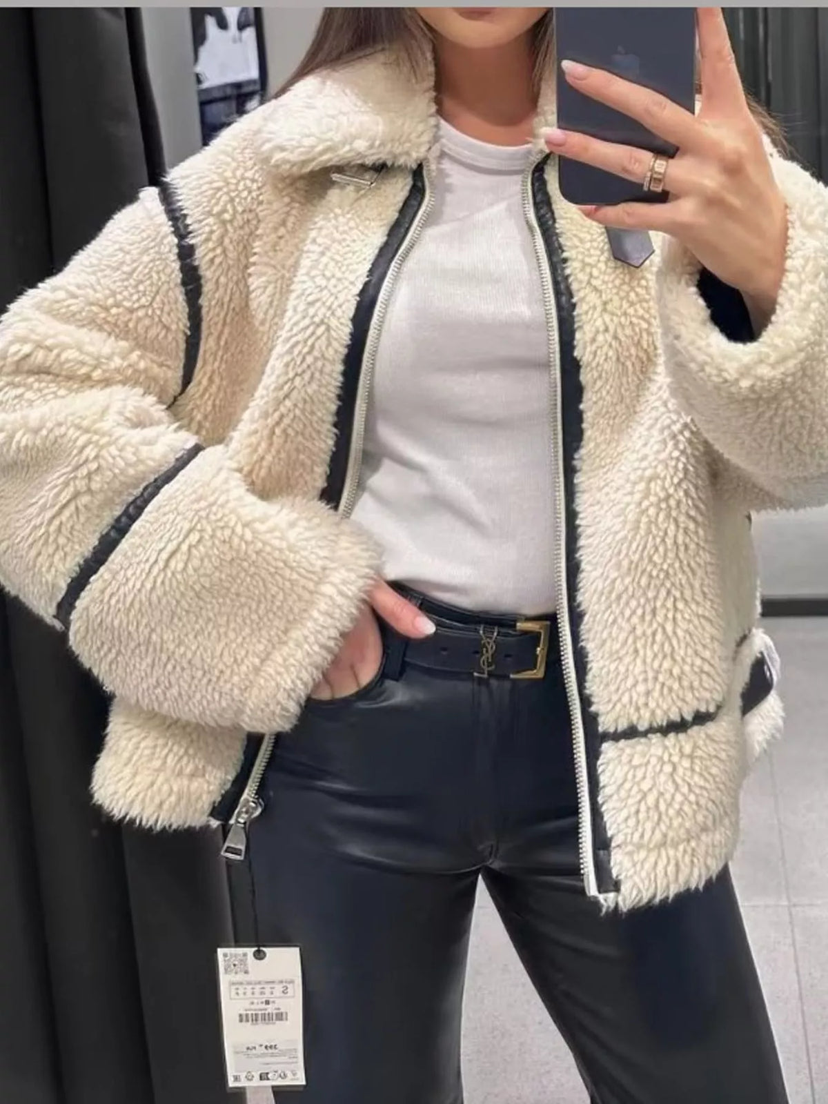 Contrast Trim Zip-Up Sherpa Jacket — front view