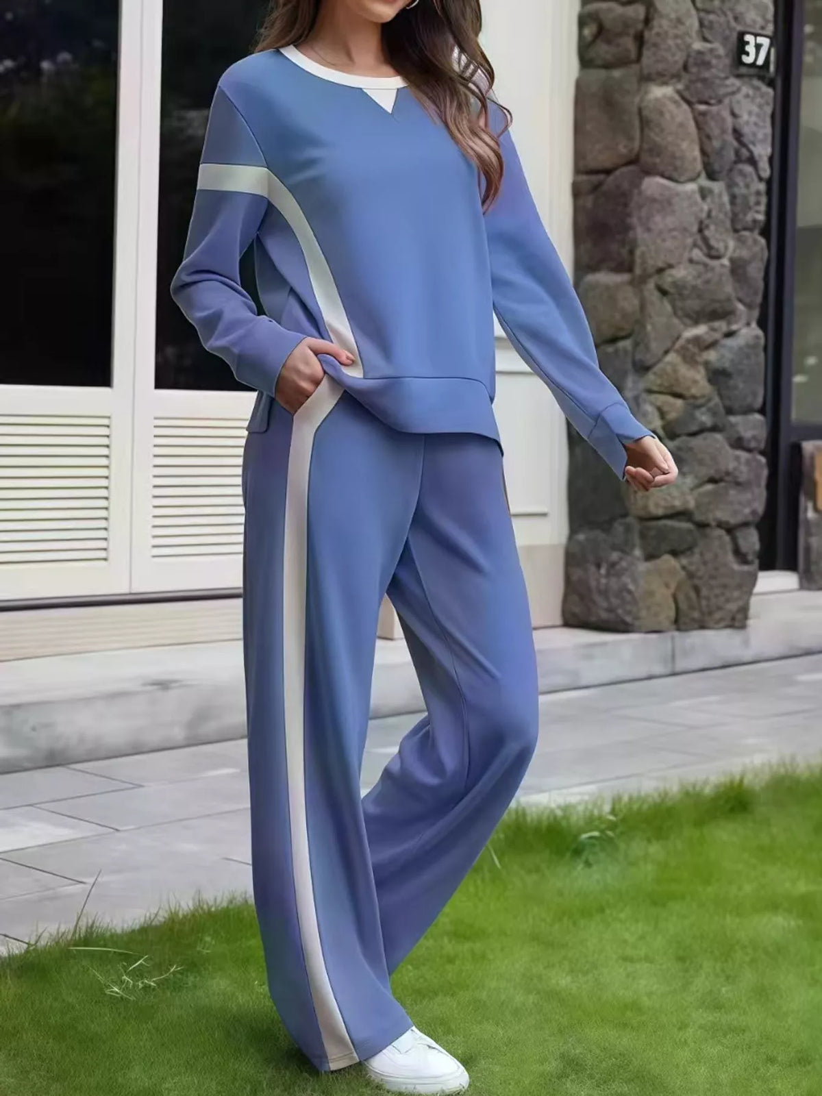 Contrast Striped Crew Neck Top and Pants Set in sky blue