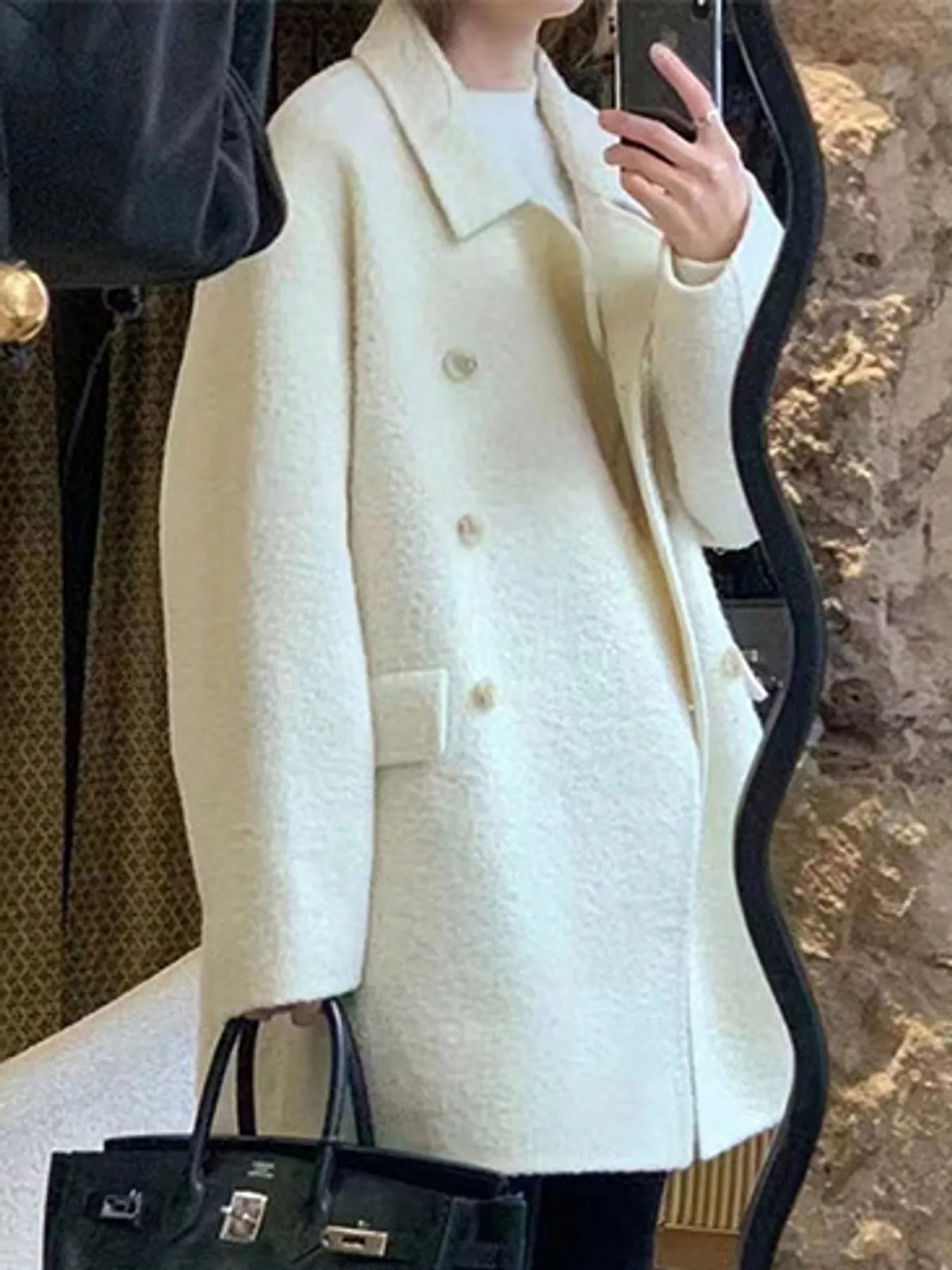 Cream double-breasted wool-blend coat — front view