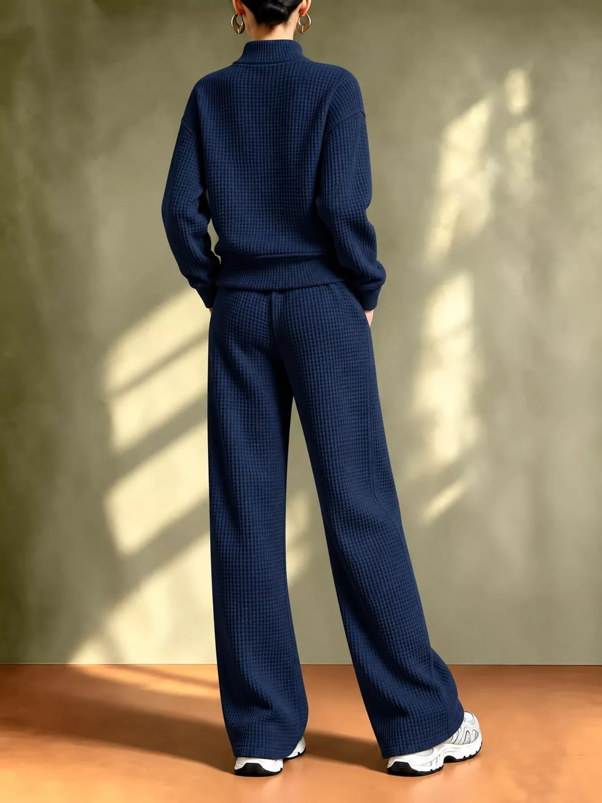 Navy Blue waffle knit button-up outerwear and wide-leg pants set, back view