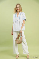 Trendsi Umgee Striped Embroidered Blouse with Scallop Trim -