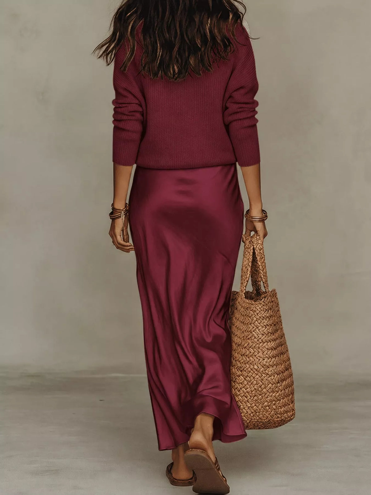 Burgundy-Set v-neck top and satin midi skirt set, back view