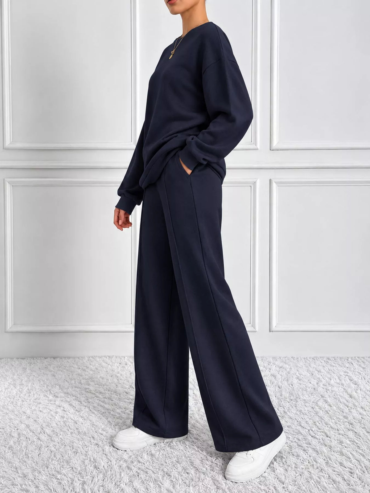 Navy oversized sweatshirt and wide-leg pants set — side view