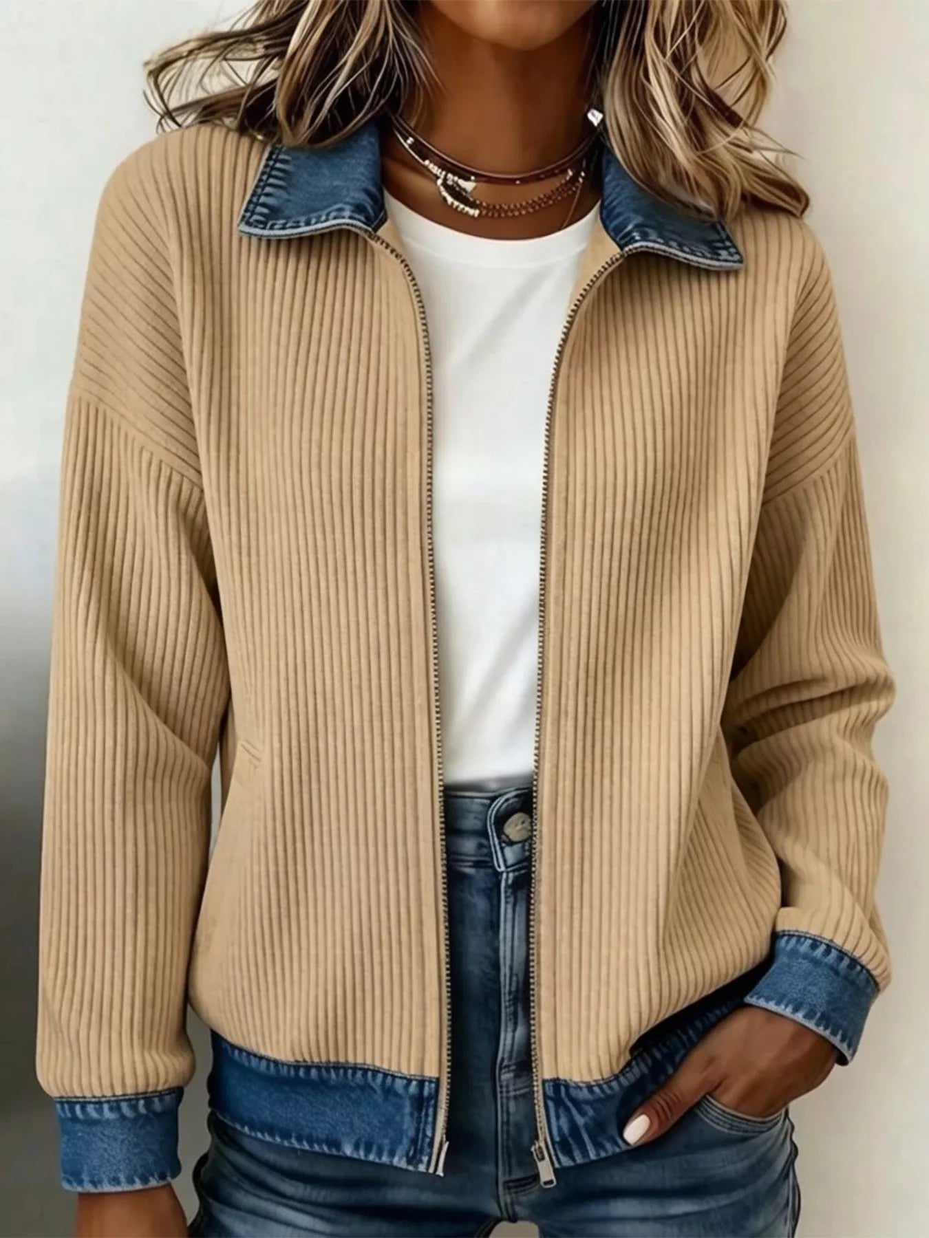 Trendsi Contrast Denim Collar Ribbed Knit Jacket - Outerwear