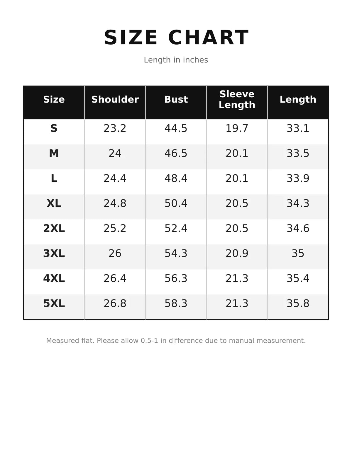 Size chart for drawstring hoodie
