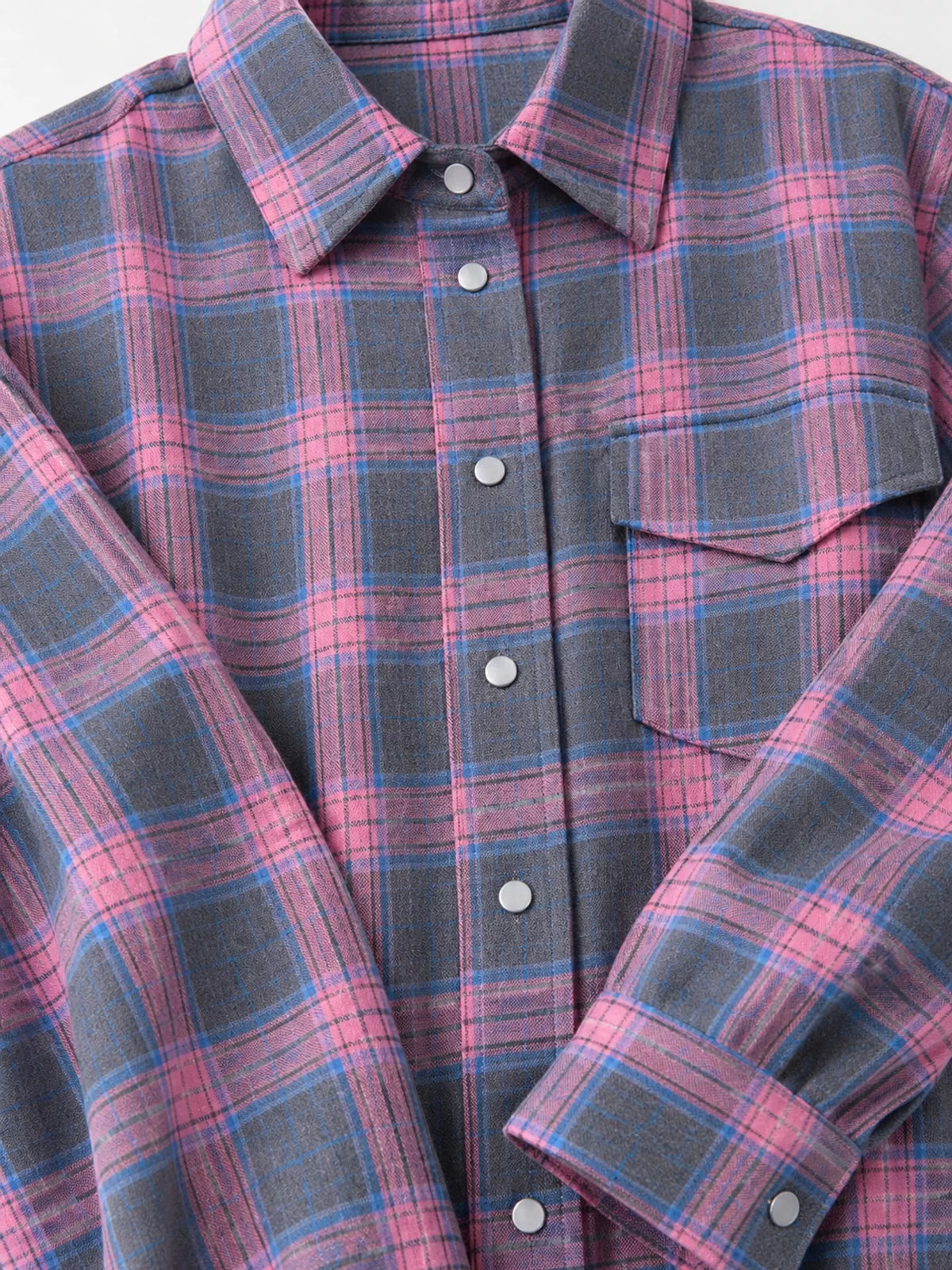 Gray and pink plaid button-down shirt, collar, button front, flap chest pocket, and cuffs