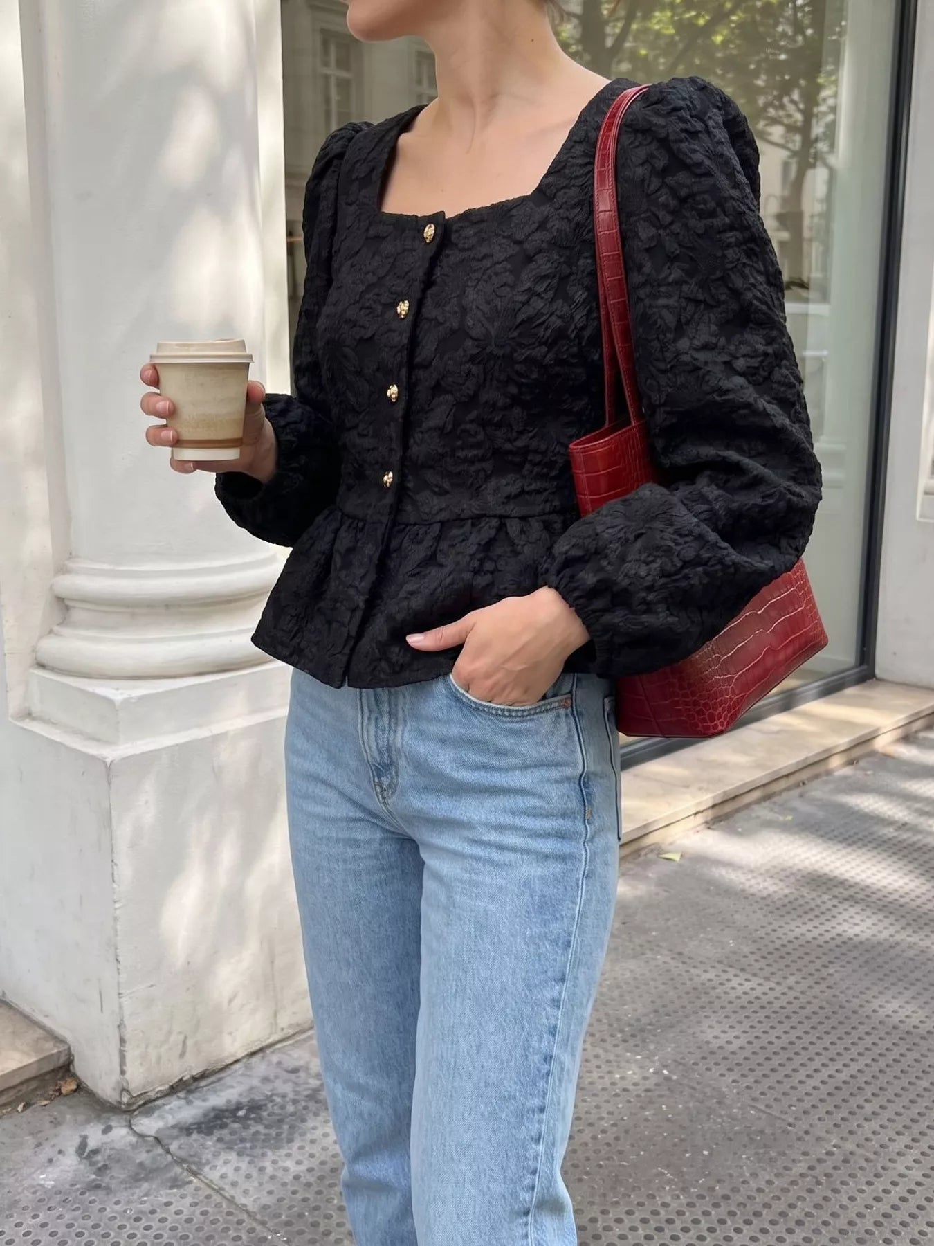 Trendsi Square Neck Textured Peplum Blouse -