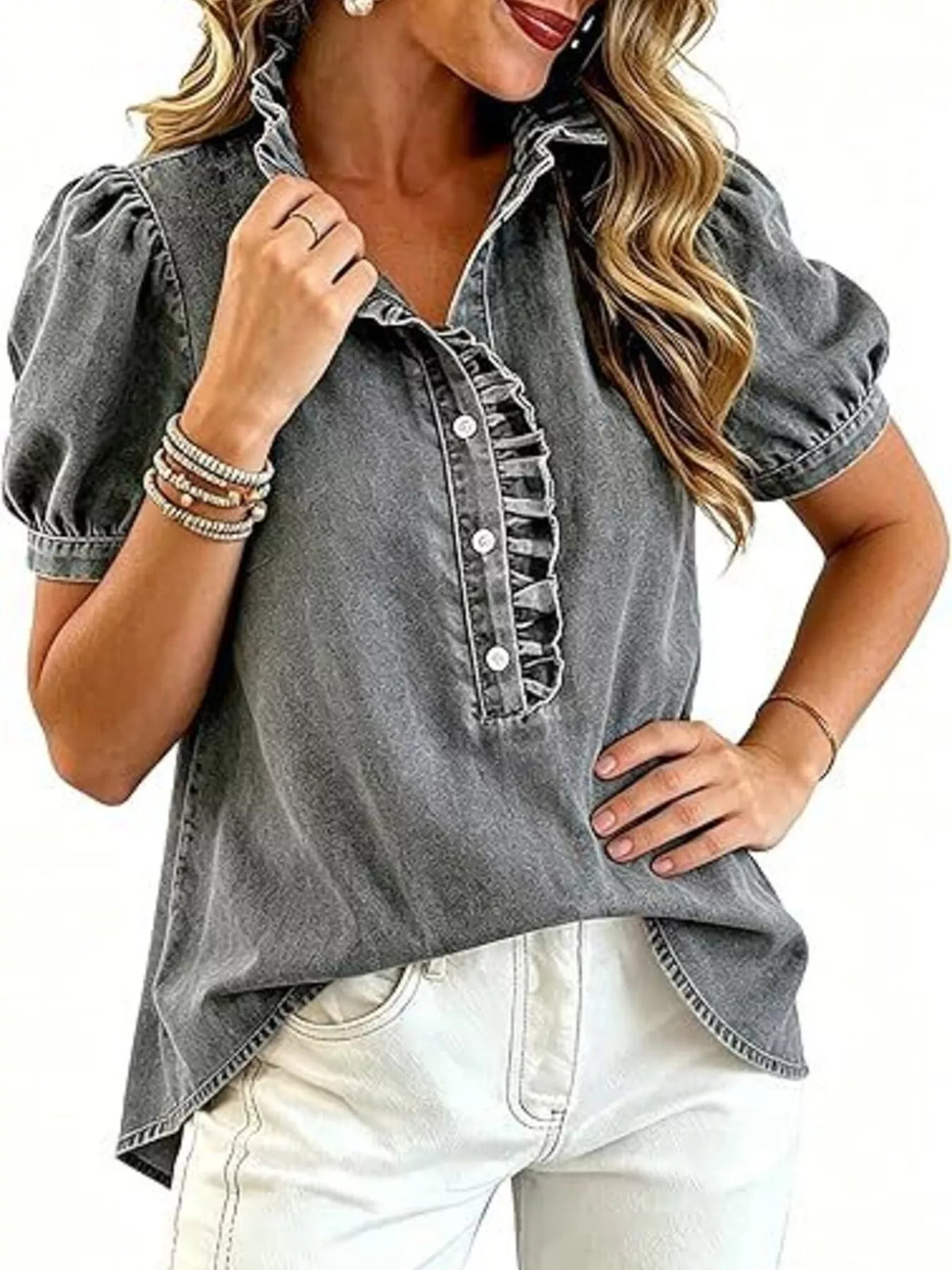 Trendsi Frill Puff Sleeve Denim Top -