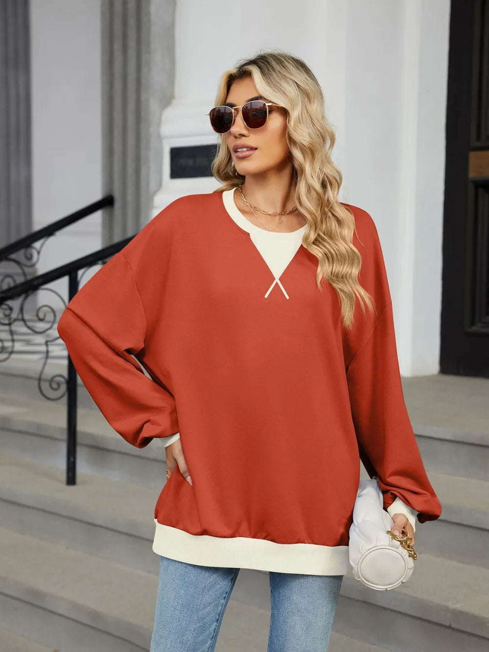 Trendsi Contrast Round Neck Long Sleeve Sweatshirt -