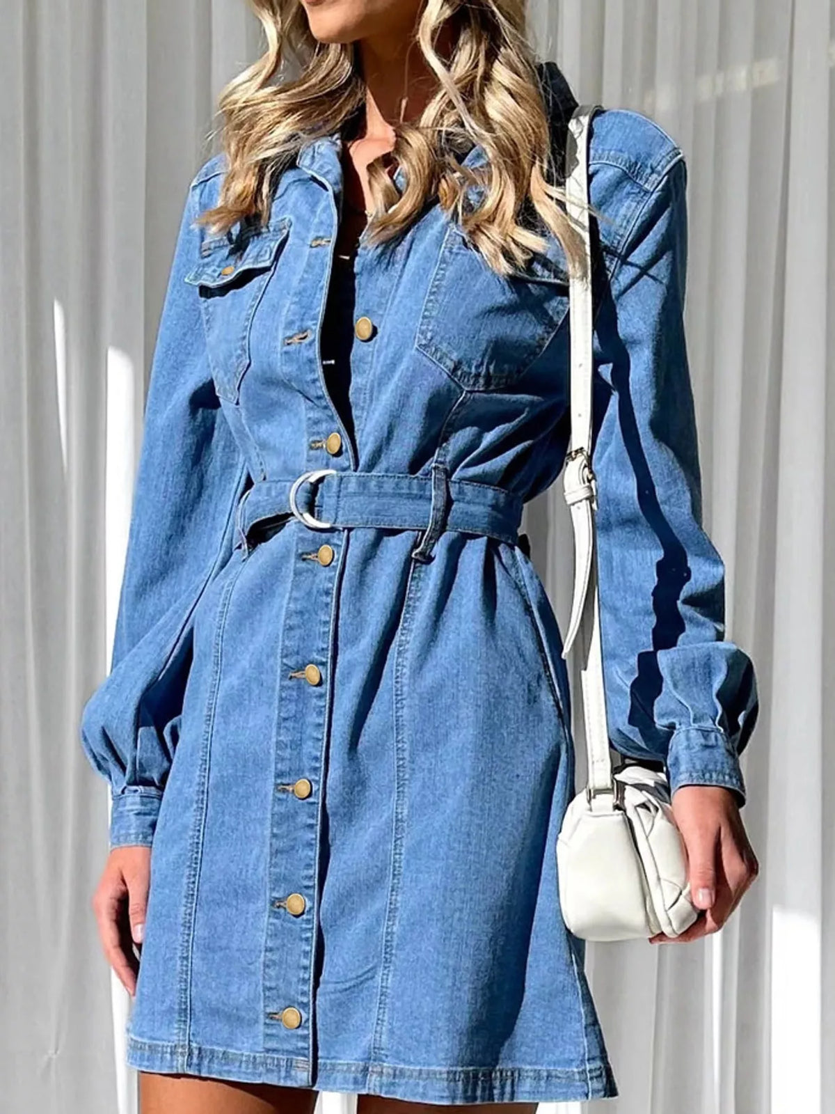 Button-Down Denim Dress with Belted Waist and Long Sleeves, front view