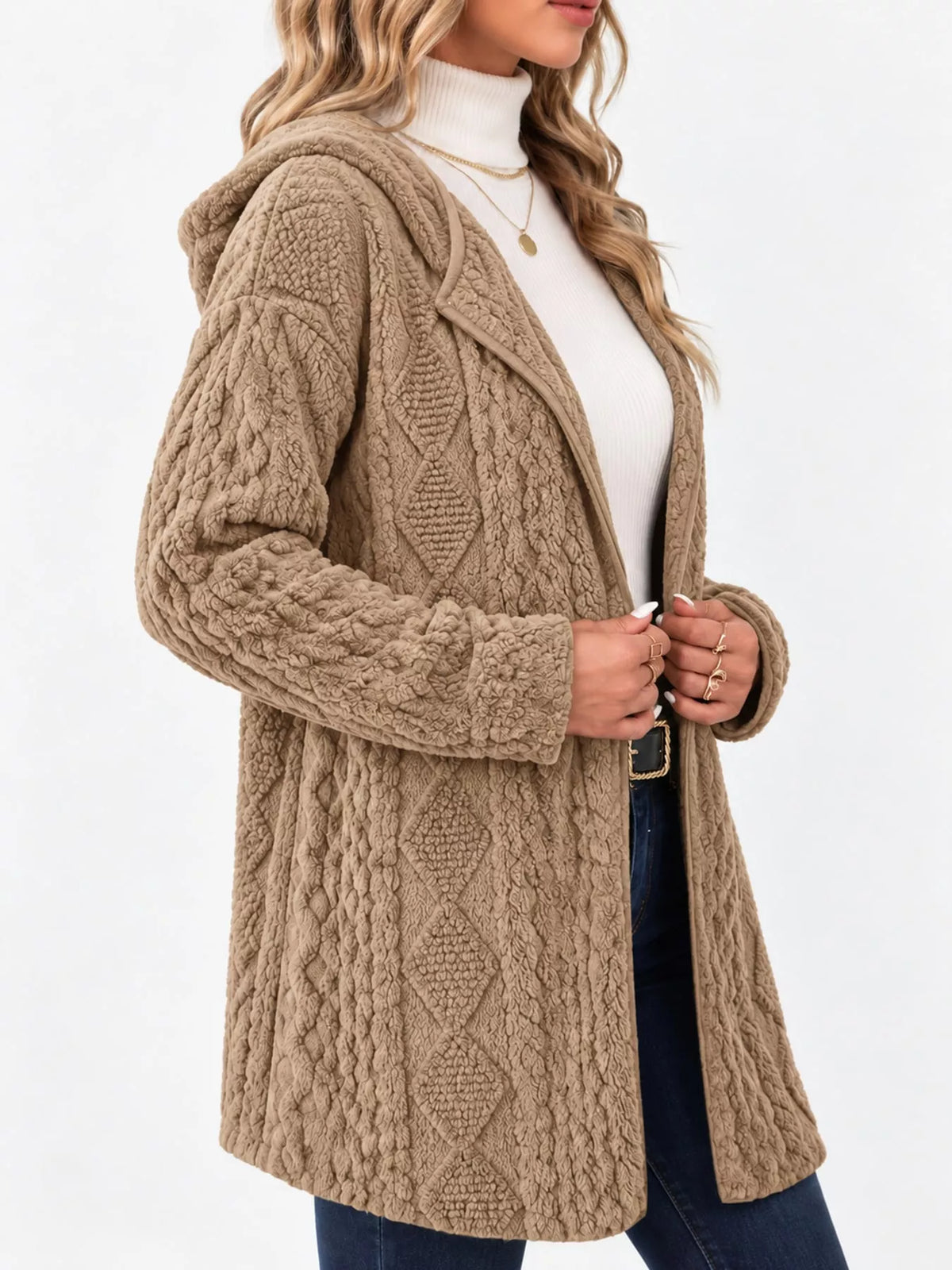 Cable Knit Zip-Up Hooded Cardigan in camel