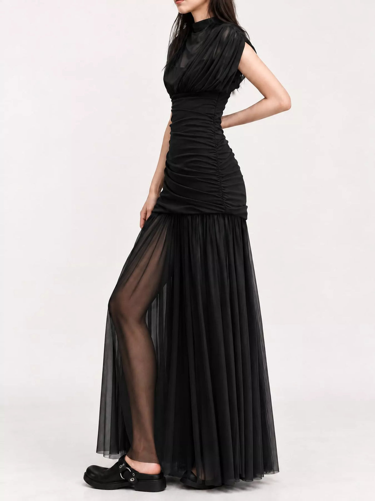 Black mock neck ruched maxi dress, front view