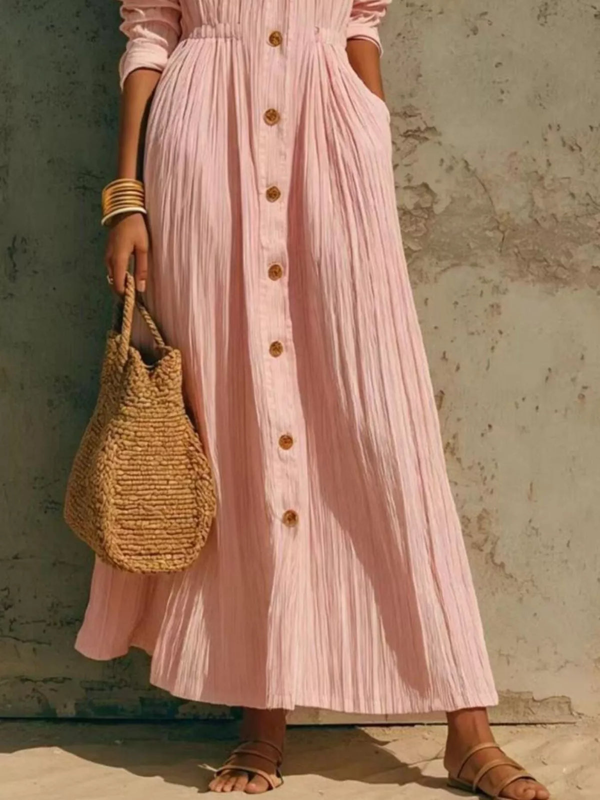 Dusty Pink button-down textured maxi shirt dress