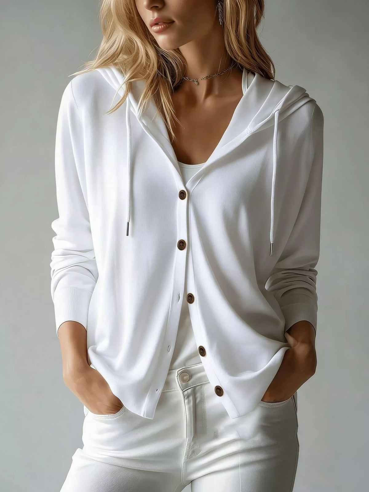 White Drawstring-Hood Button-Down Cardigan with Pockets front lifestyle view
