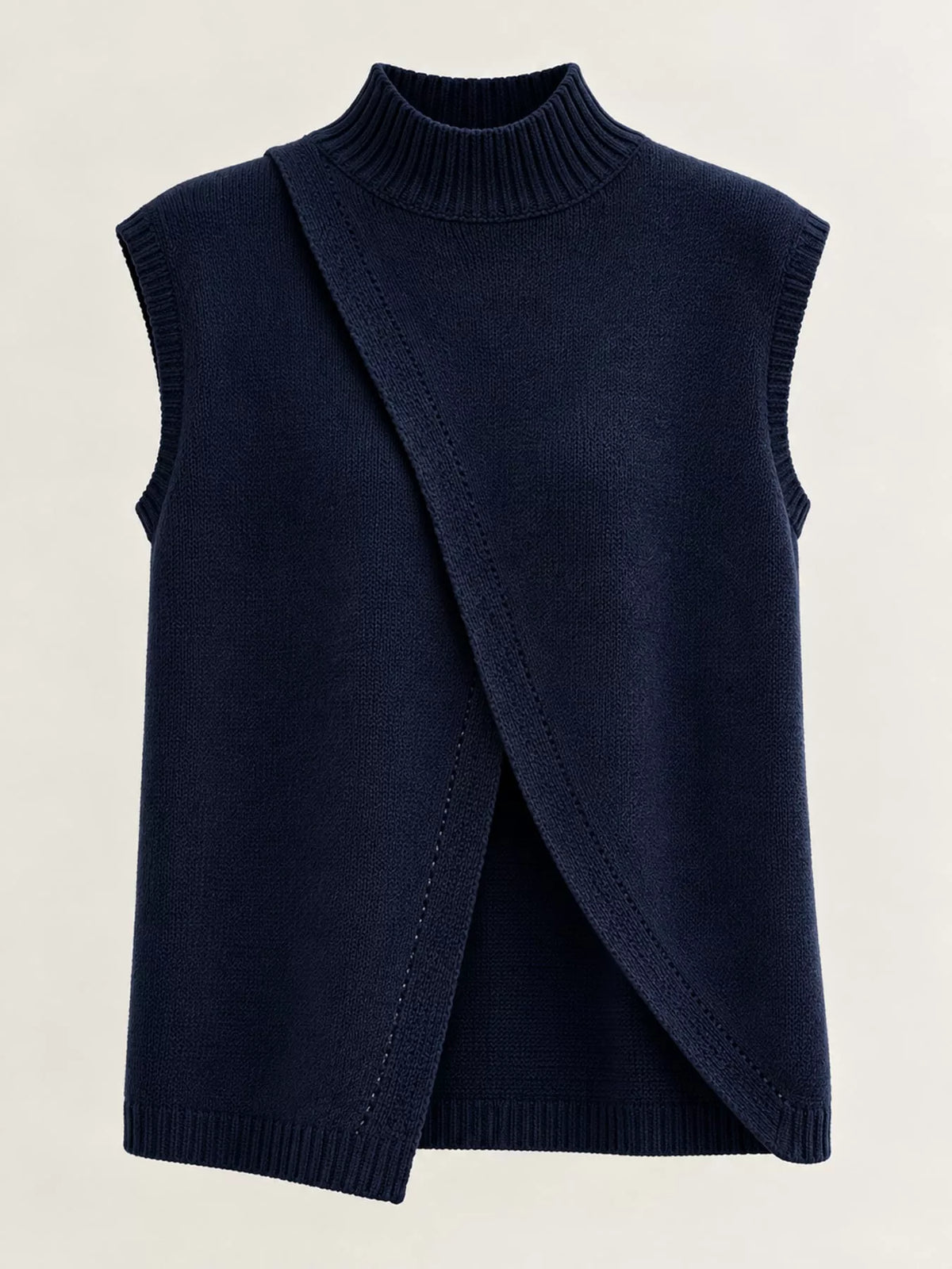 Mock Neck Asymmetrical Hem Knit Sweater Vest in navy blue