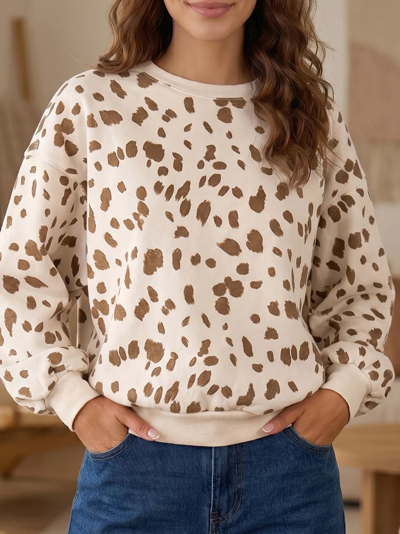 Trendsi Leopard Print Dropped Shoulder Round Neck Casual Sweatshirt -