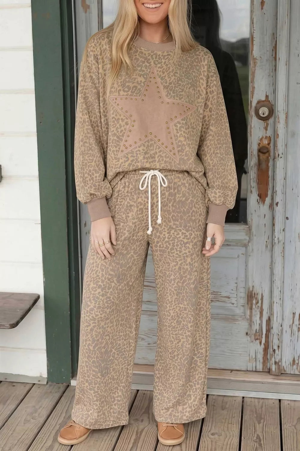 Trendsi Leopard Print Star Embellished Sweatshirt and Pants Set -