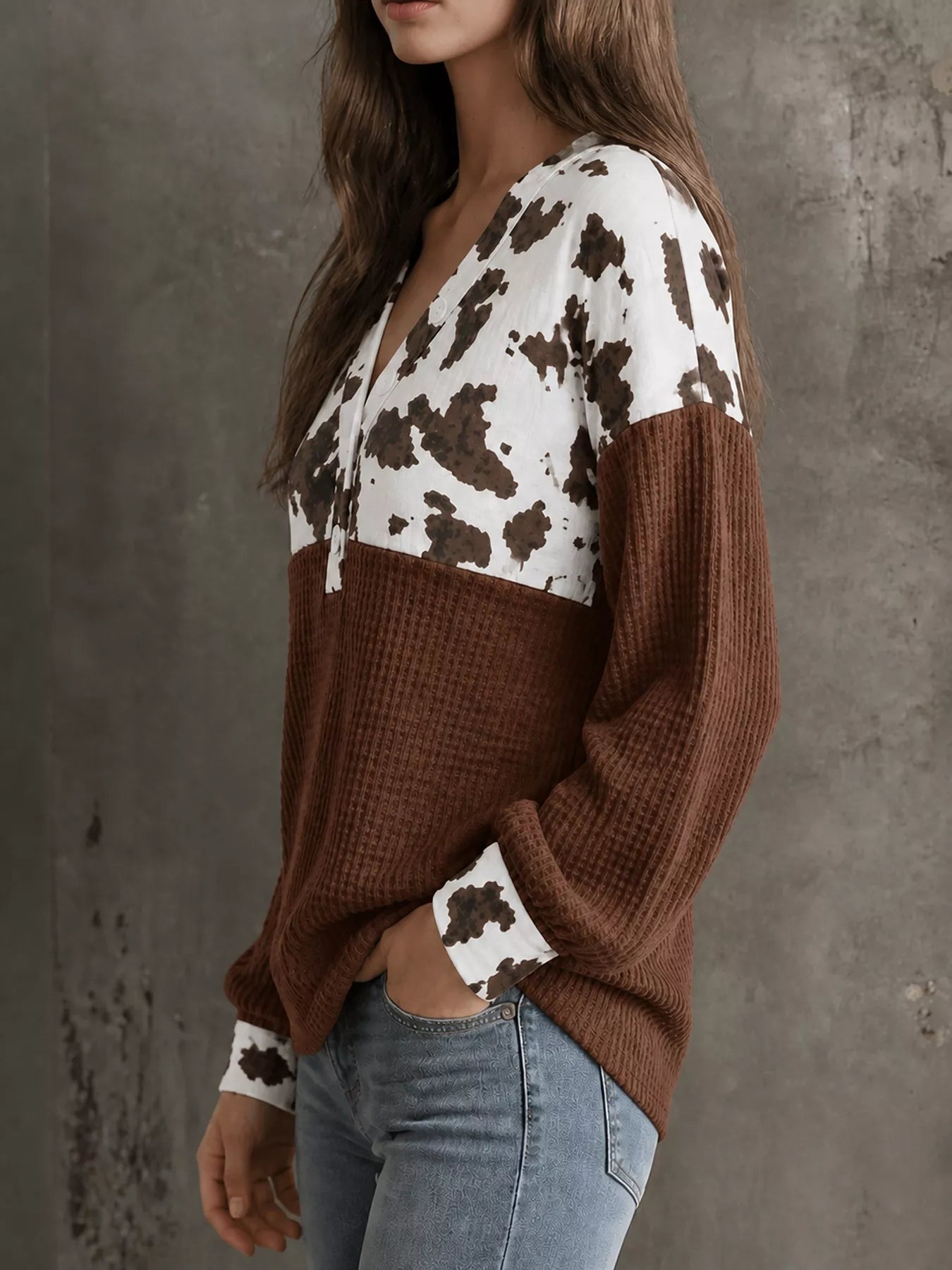 Trendsi Cow Print Color Block Waffle Knit Blouse -