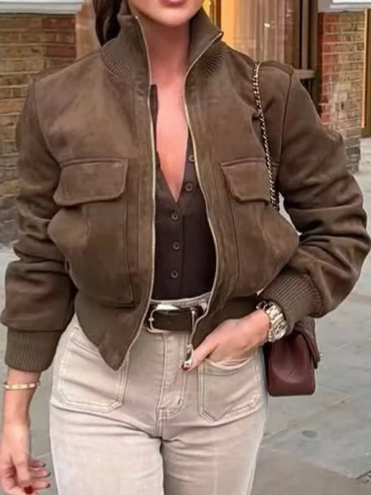 Suede Zip-Up Pocket Jacket — front view