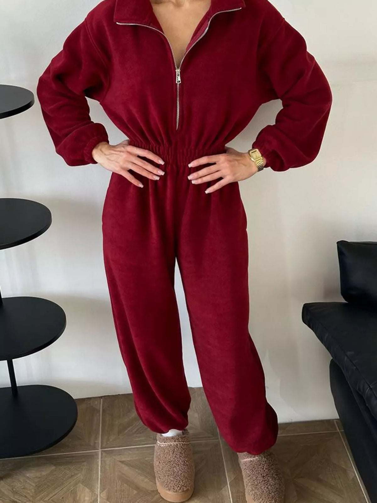 Zip Front Long Sleeve Jumpsuit — front view