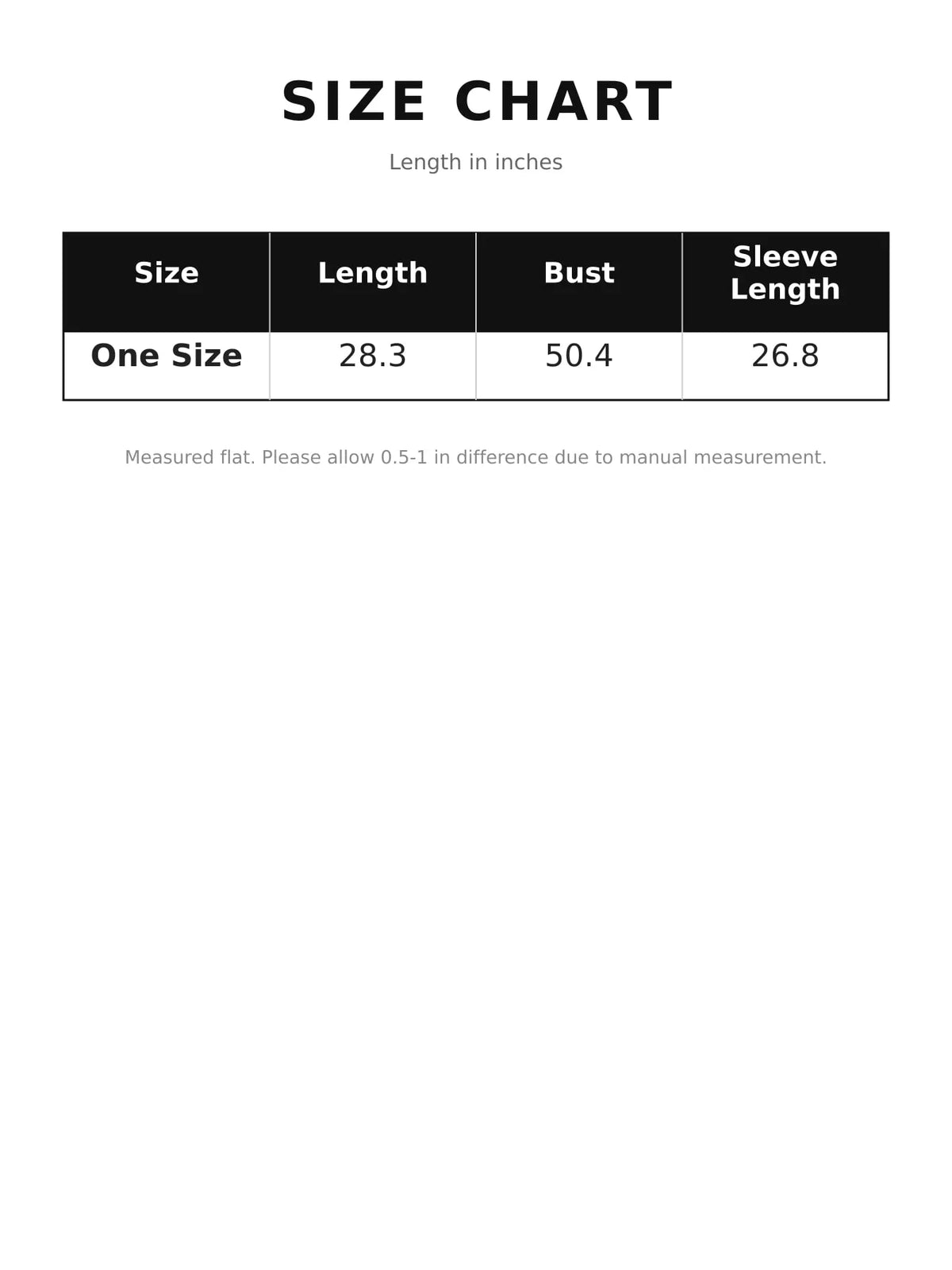 Size chart for open front dropped shoulder cardigan