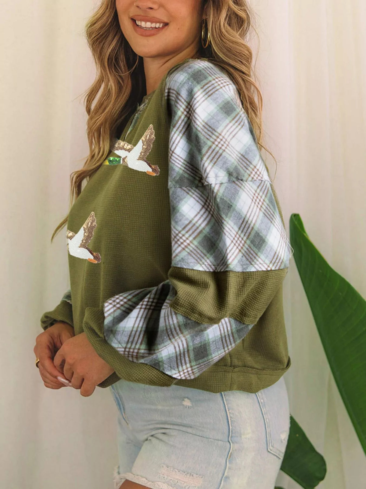 Green mallard print plaid patchwork waffle knit top