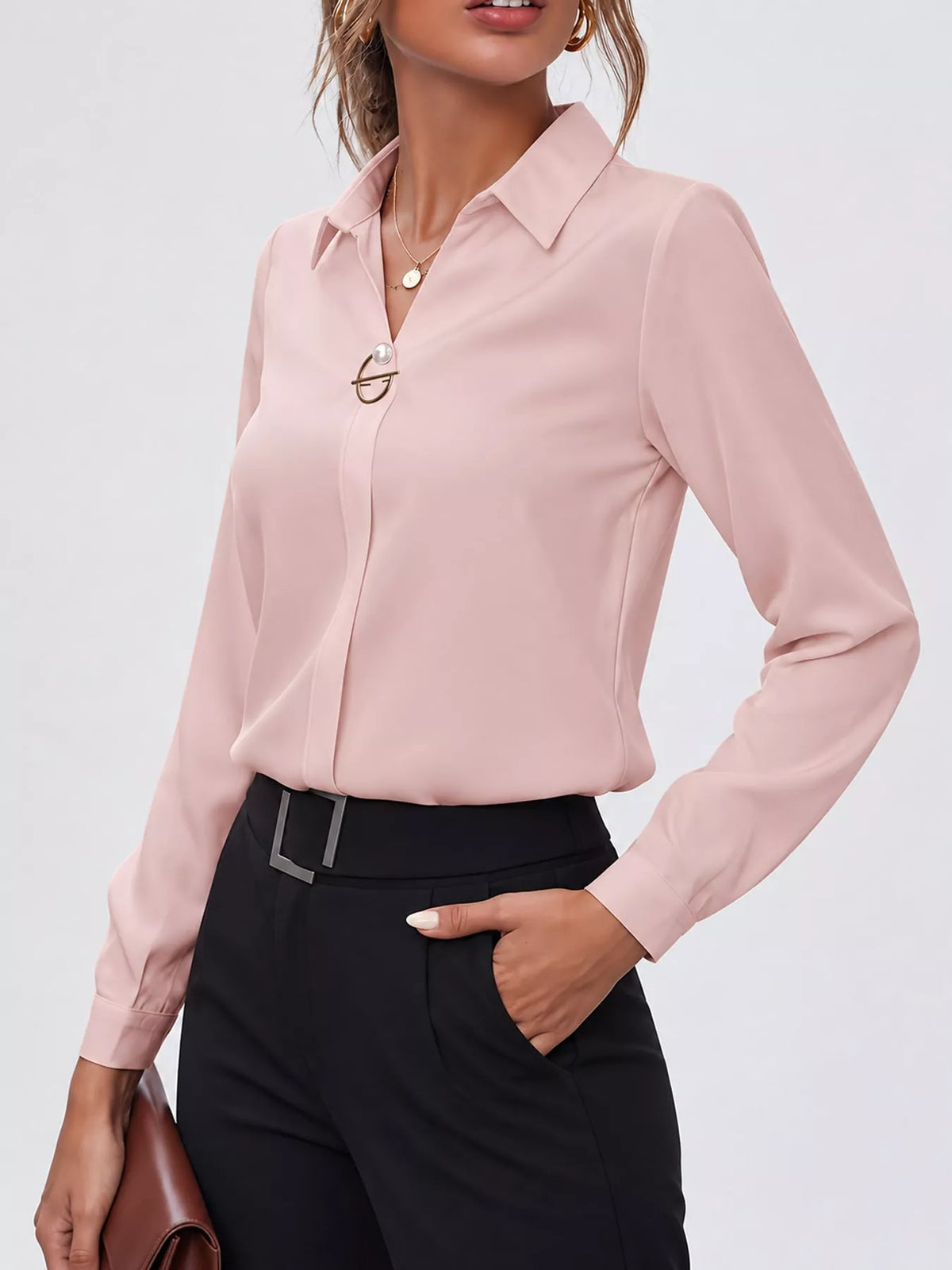 Women's Collared Clasp Detail Long Sleeve Satin Blouse in pale pink — side view