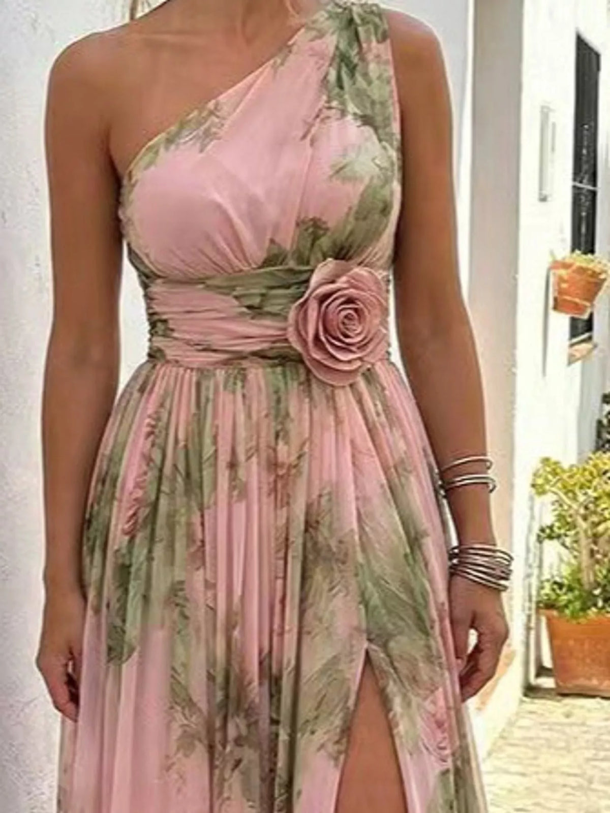 Pink one-shoulder floral chiffon maxi dress