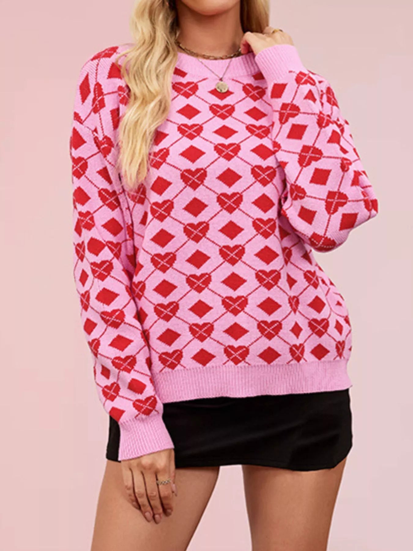 Trendsi Heart Pattern Argyle Knit Long Sleeve Sweater -