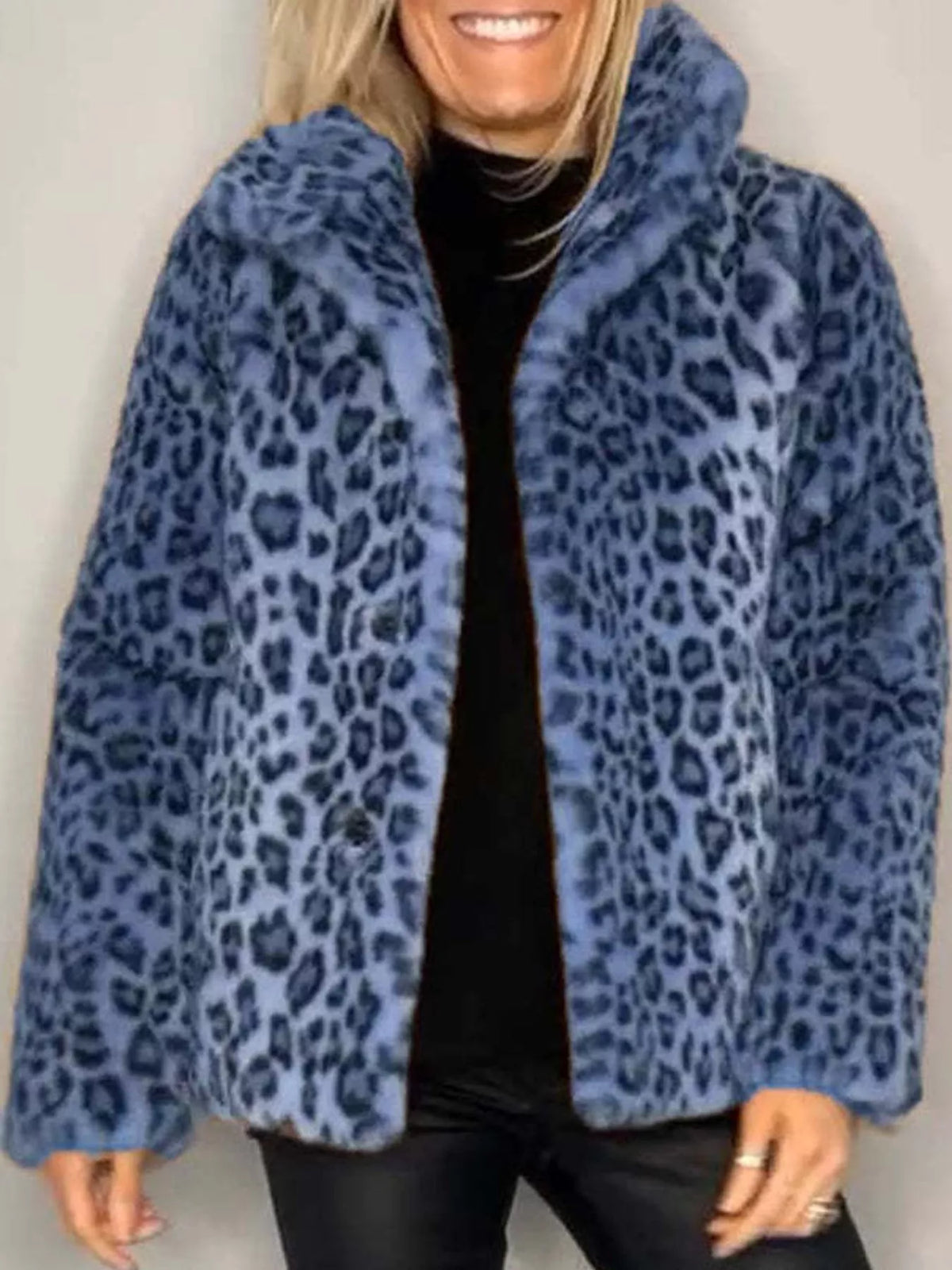 Open Front Leopard Print Faux Fur Jacket — front view