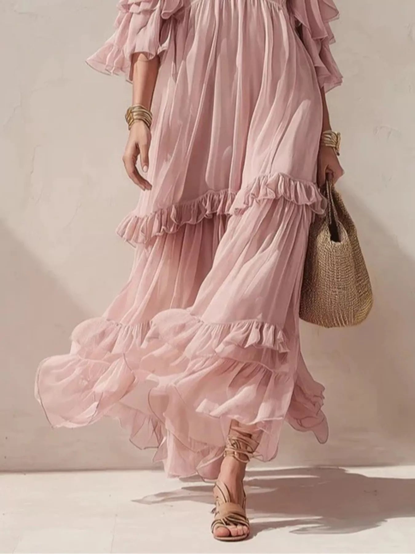 Trendsi Cold-Shoulder Ruffled Maxi Dress -